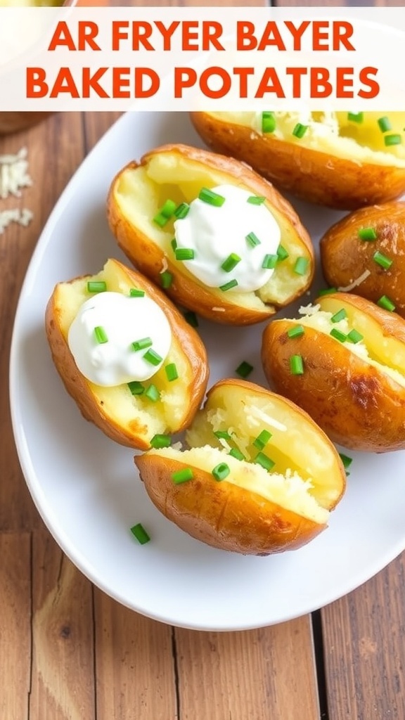 Crispy air fryer baked potatoes topped with sour cream, chives, and cheese on a rustic table.